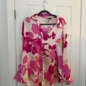 Satin Floral Button-Front Blouse in Pink and Cream